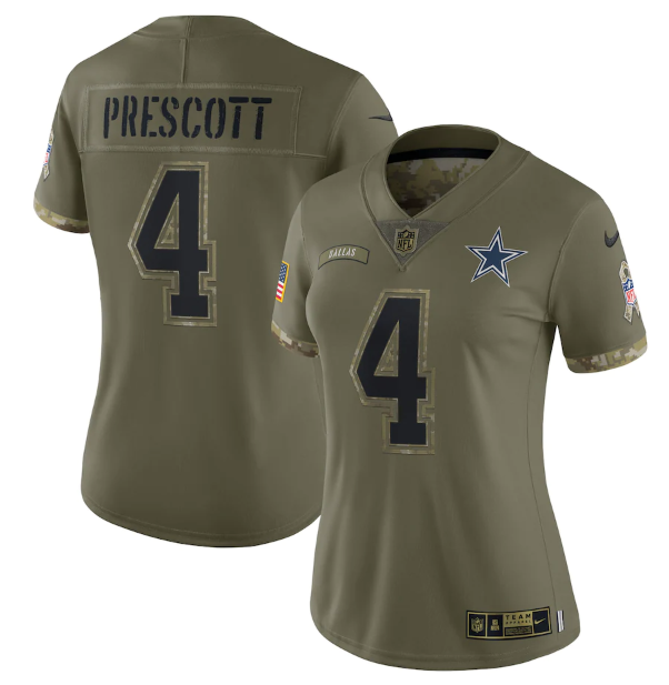 Women's Dallas Cowboys #4 Dak Prescott Olive 2022 Salute To Service Limited Stitched Jersey(Run Small) Women's Dallas Cowboys #4 Dak Prescott Olive 2022 Salute To Service Limited Stitched Jersey(Run Small)